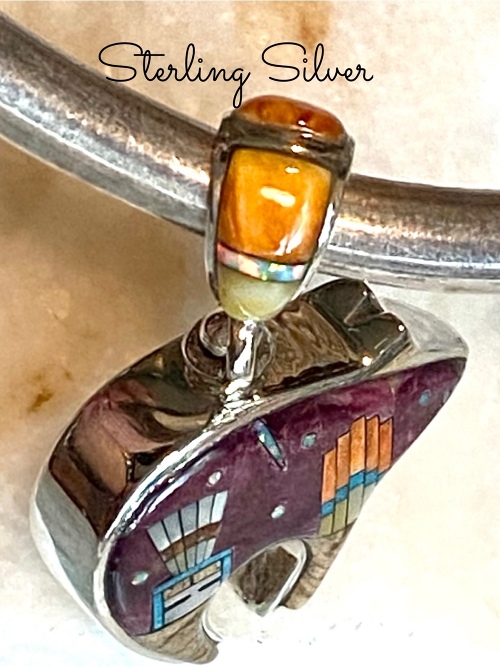 Sterling Silver Micro Inlay Bear Reversible Pendant, Southwestern Style Design - Picture 4 of 11